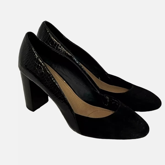 Tahari Elvira Suede Faux Reptile Patent Leather Block Heel Black Pumps